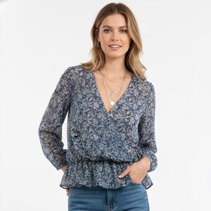 Joie Louvre 100% Silk Blue Floral Faux Wrap V Neck Blouse Size Large